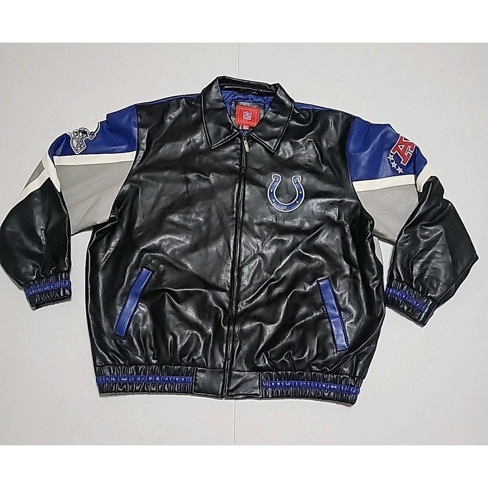 Indianapolis Colts NFL Leather Jacket Black/Blue/Gray Full Zip Mens Size XXL